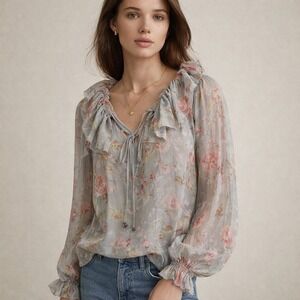 Polo Ralph Lauren Mulberry Silk Blouse Women M Gray Floral Ruffle Sheer Romantic